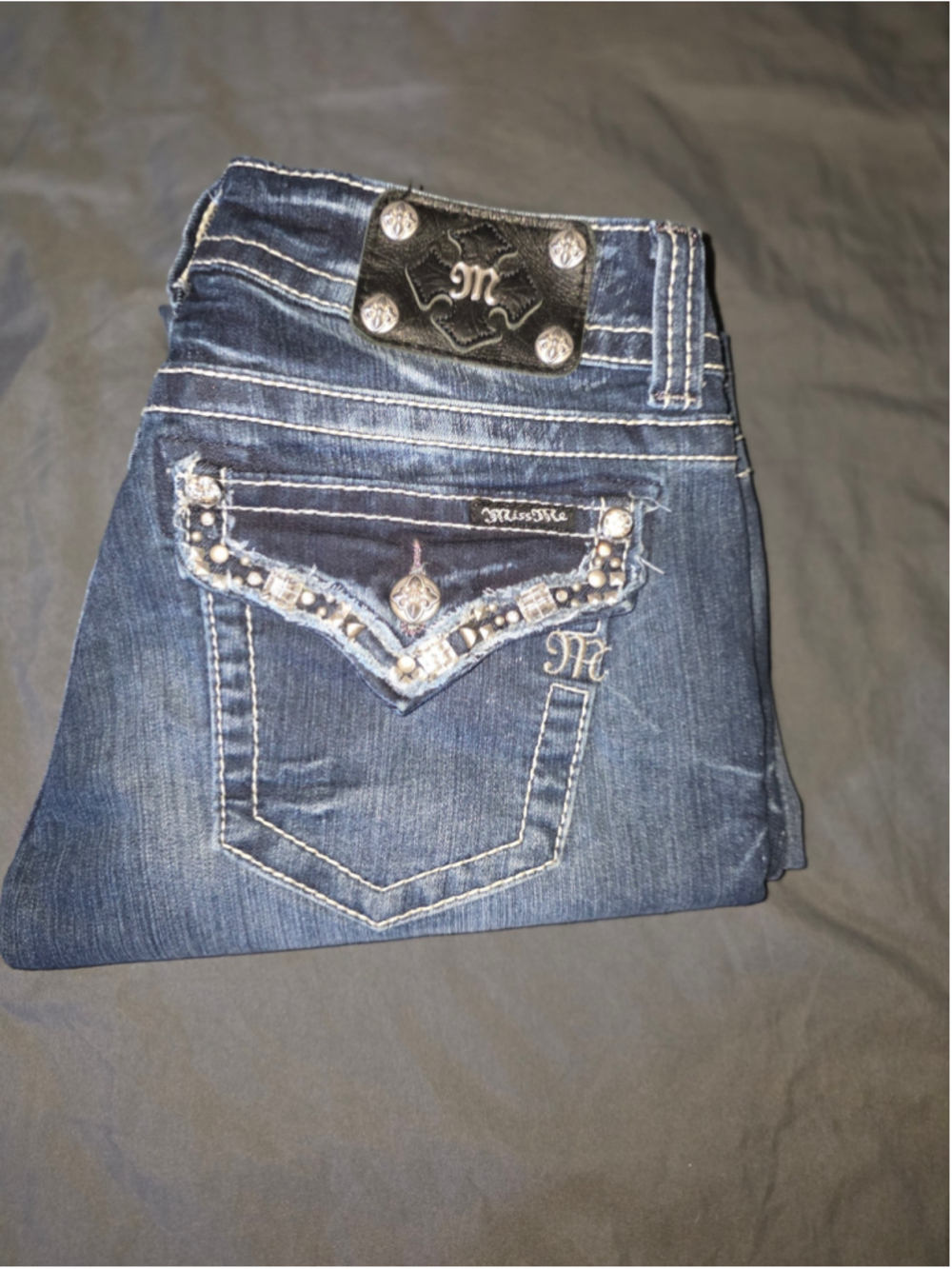 Women's Miss Me Boot Cut Jeans Size 30 Blue Silver Embellished